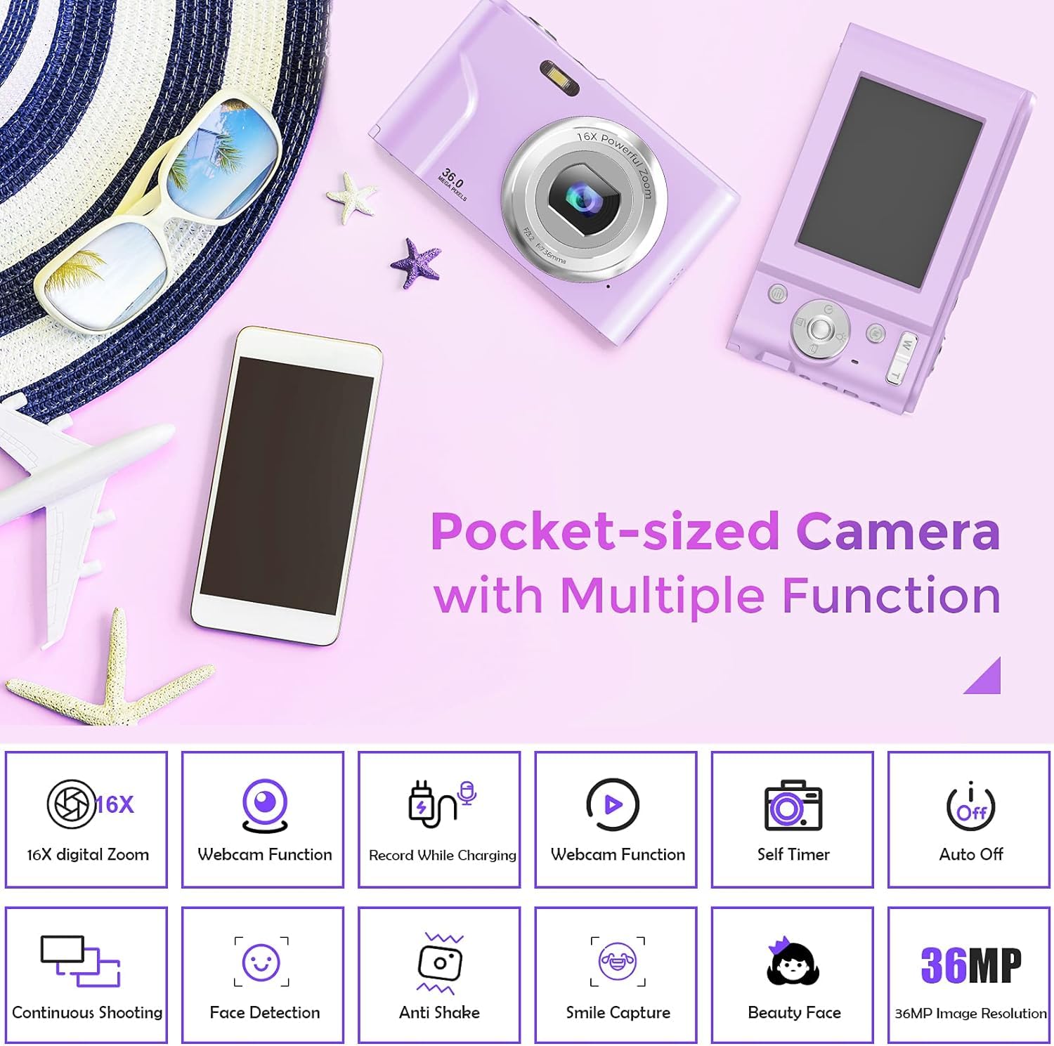 FamBrow Digital Camera, FHD 1080P 36MP Vlogging Camera Portable Mini Camera Compact Camera for Kids